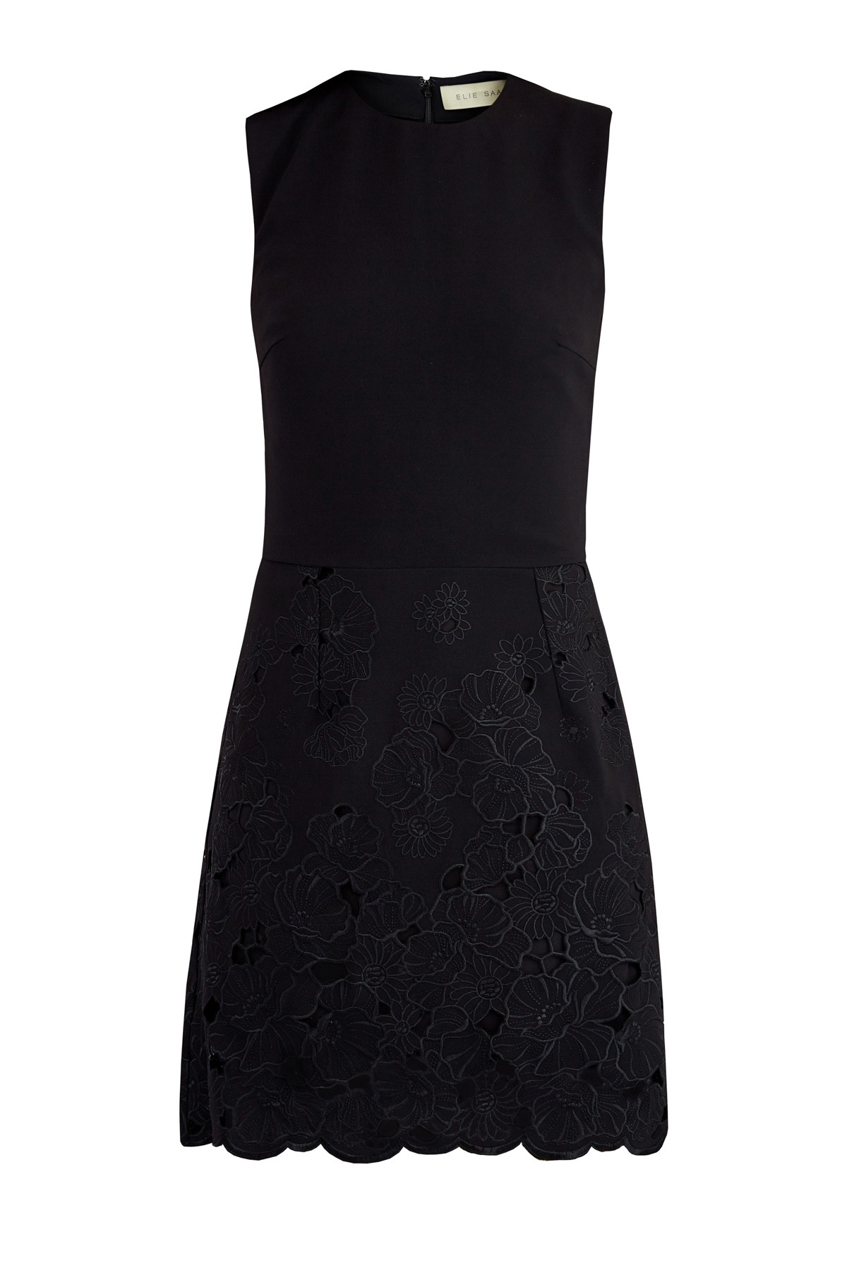 Черное платье мини с перфорацией верхнего слоя и цветочным узором